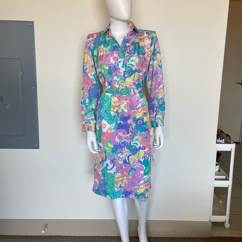 Vintage 1980s Muticolored Long Sleeve Button Up Shirt Dress NWT By Schrader